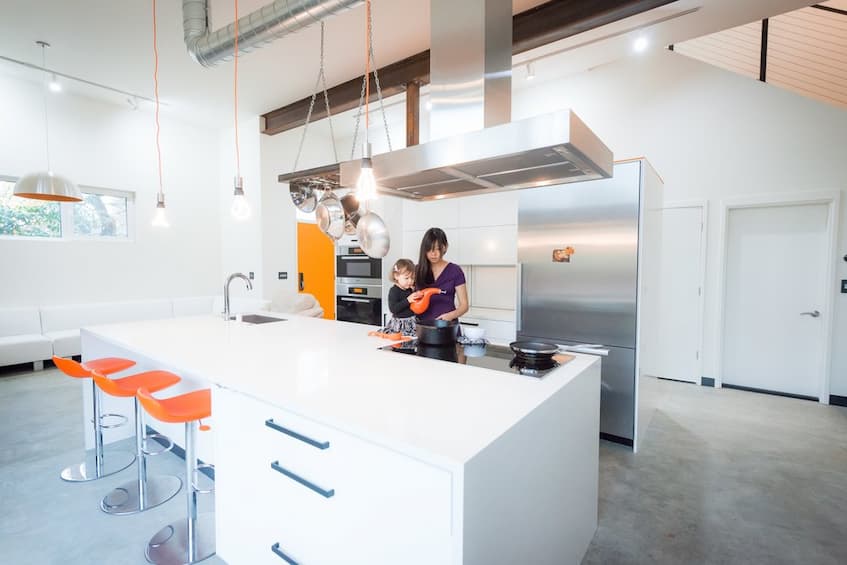 Kitchen of a zero energy home with energy efficient appliances