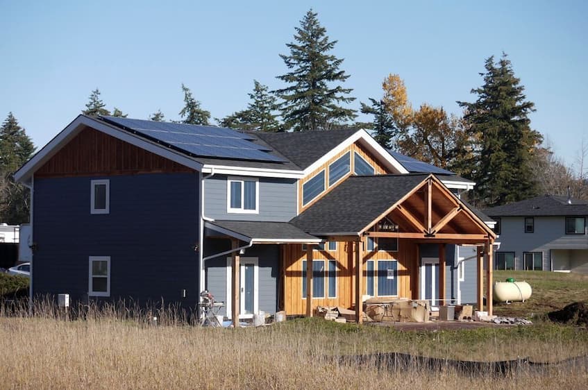 A zero energy home in Whatcom County Washington with solar panels and an energy efficient design