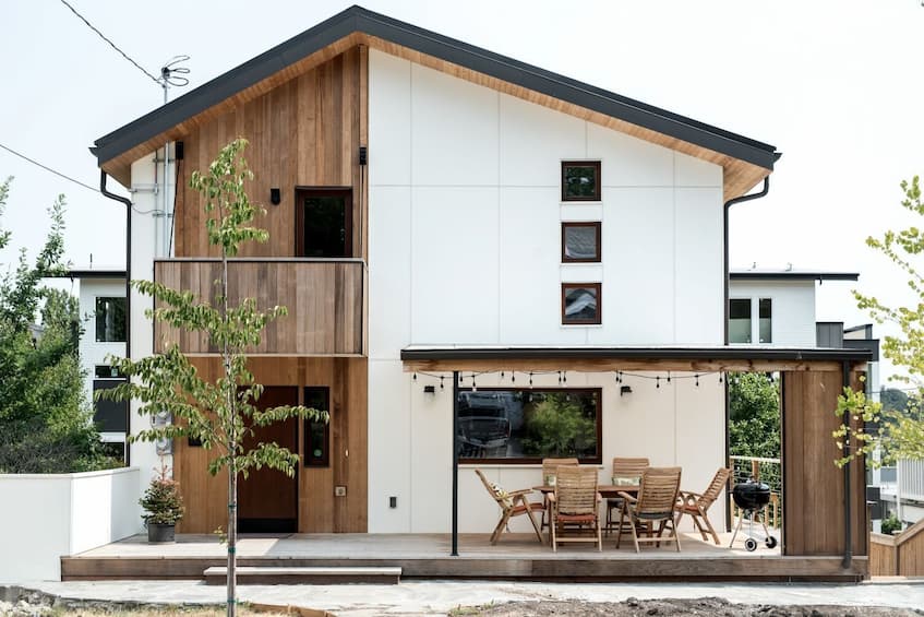 An urban infill net zero home in Seattle with a ground floor accessory dwelling unit.