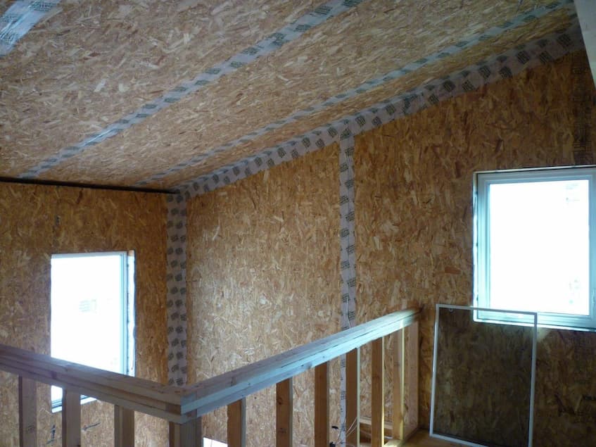 SIPs walls with air sealing tape in a net zero energy home.
