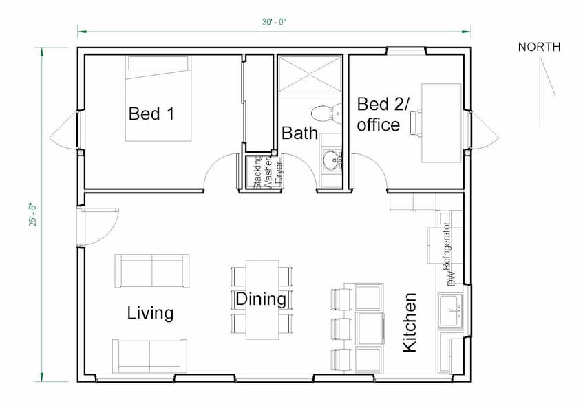 Murphy house design. One bedroom in the north-west corner, a second bedroom in the north-east corner and between the bedrooms is the bathroom with laundry. On the south half is the living, dining and kitchen from west to east.