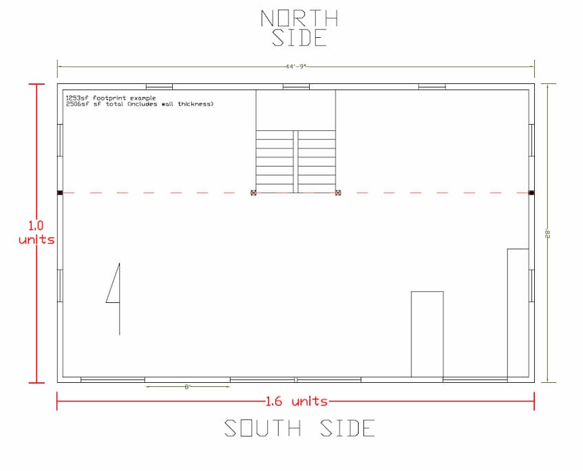 A aerial view of a simple first-floor house plan with no rooms to judge the footprint of the house. The north (and south) side is depicted at 44' - 9". The east (and west) side is depicted at 28'. The image depicts the shorter east and west sides being 1 unit in length, while the north and south sides are 1.6 units in length. The text inside the house reads "1253 sf footprint example." "2506 sf total (includes wall thickness)."