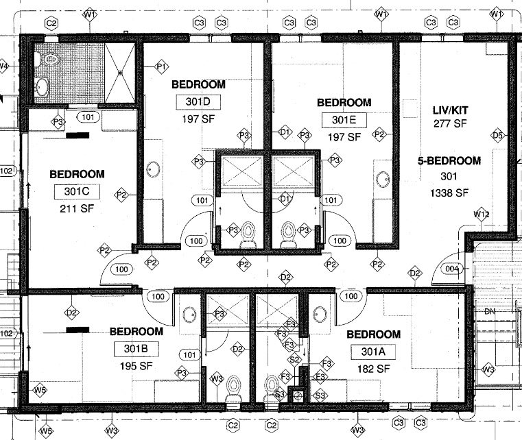 A floor plan of a co-living housing option. The floor plan shows 5 bedrooms ranging from 211 square feet to 182 square feet that all include their own bathrooms. All of the bedrooms also feature a small countertop area and the largest bedroom is ADA compliant. There is also one extra communal area, that is 277 square feet, off the entry that has the kitchen and a small seating area that they are calling the living room.